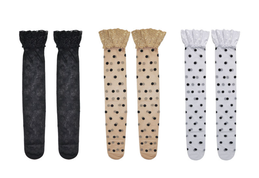 Womens Lace Trim Polka Dot Thigh High Stockings